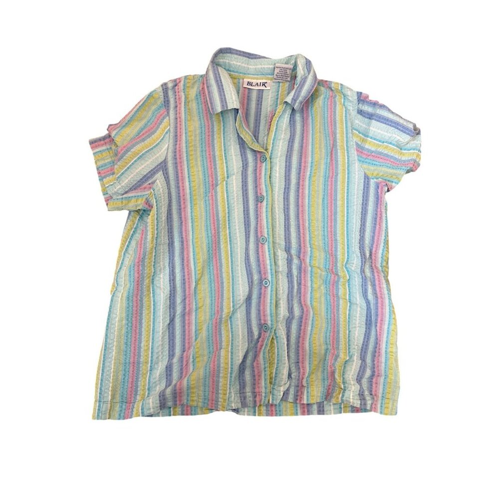 Vintage Blair Pastel Striped Shirt Medium Seersucker Button Down Short Sleeve